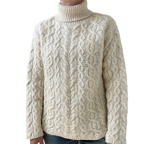Vintage 1990s Womens White 100% Wool Fisherman Cable Knit Turtleneck Sweater M - Picture 4 of 7